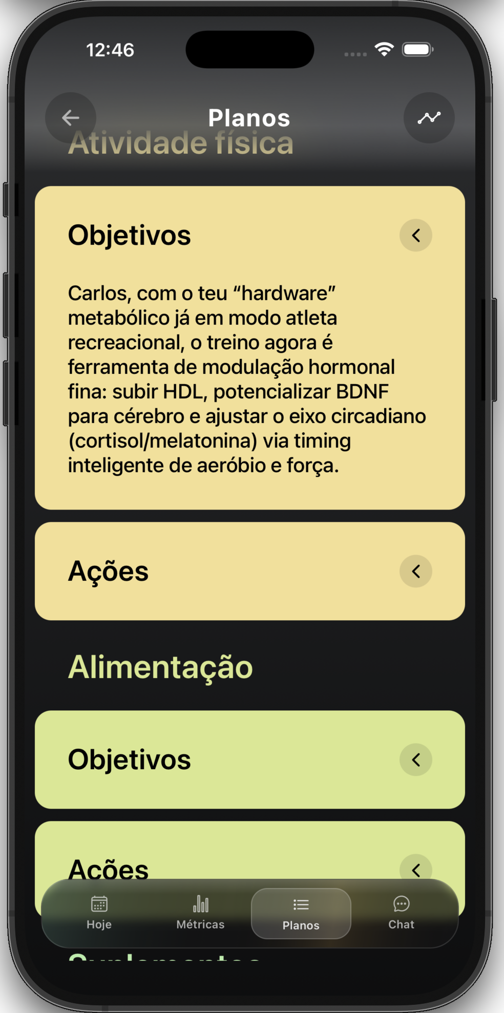 Tela de Planos no app Velvion mostrando cards de Atividade Física e Alimentação personalizados